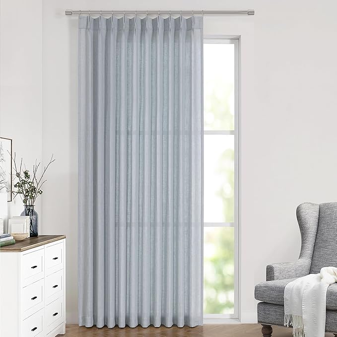 Vision Home Blue Fog Pinch Pleated Semi Sheer Curtains Textured Linen Blended Light Filtering Window Curtains 102 inch for Living Room Bedroom Patio Pinch Pleat Drapes with Hooks 1 Panel 60" Wx102 L