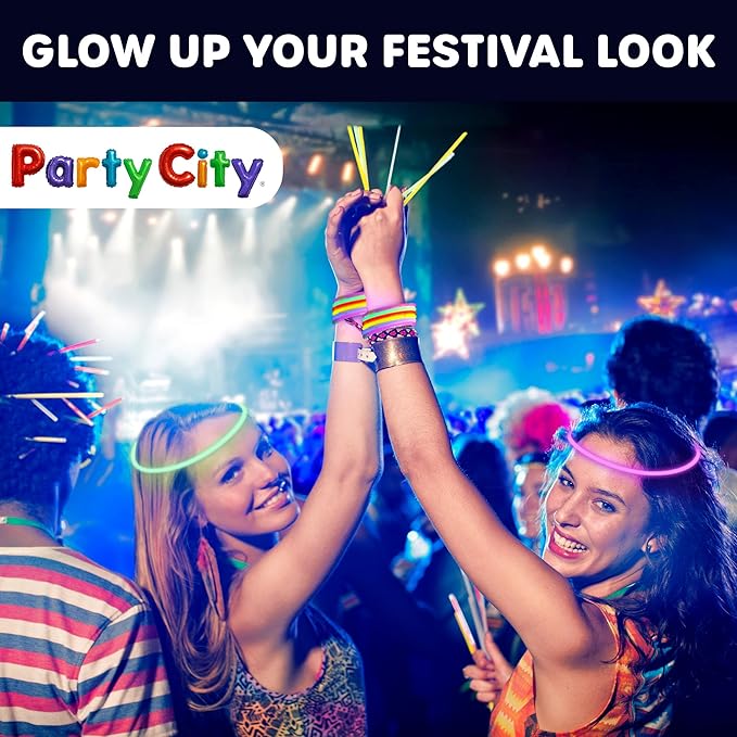 Party City 200 Glow Sticks Bulk Party Pack 8”– Neon Glow in the Dark Party Supplies, Glowsticks with Connectors Bracelets & Necklaces, Light Up Favors for Kids, Adults, Birthdays, Parties, Decorations