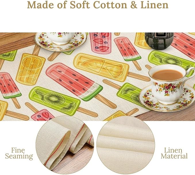 Ce Cream Table Runner, Cold Fruity Popsicles Summer Sweet Seasonal Dinner Runner for Party Holiday Home Kitchen Dining Table Decor 13"x36"