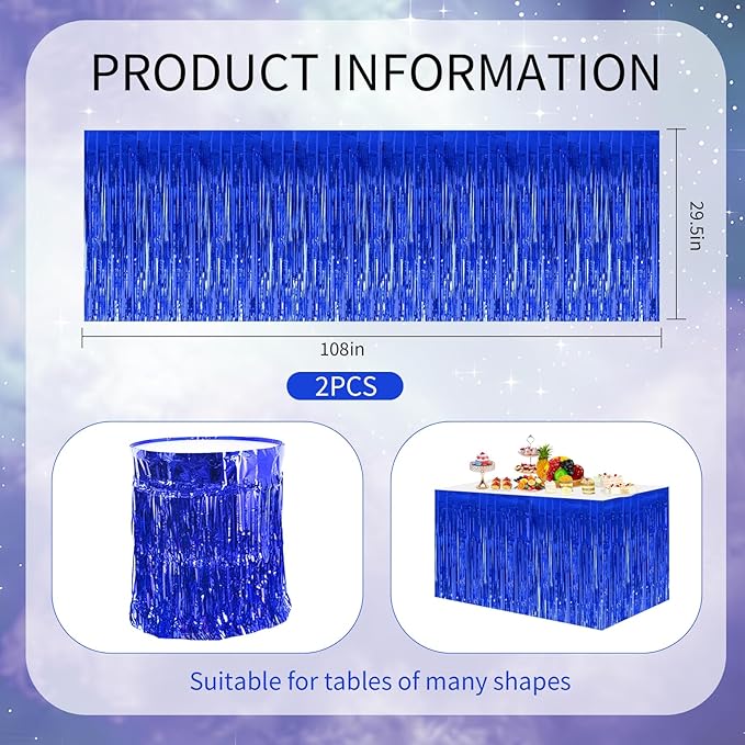 BEISHIDA 2 Pack Dark Blue Table Skirts with Metallic Tinsel Foil Fringe for Rectangle and Round Tables - Birthday & Holiday Party Decorations