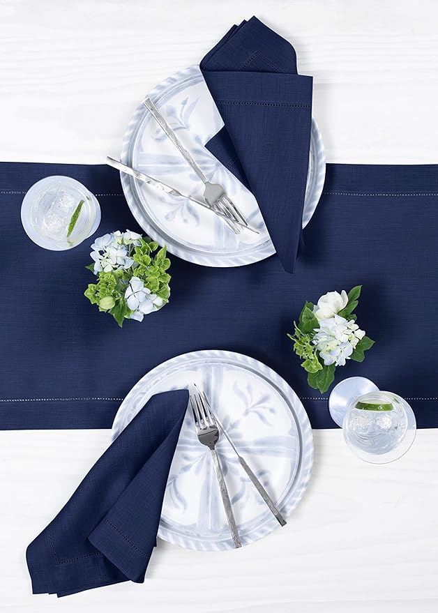 Solino Home Linen Navy Blue Table Runner 108 Inches Long - 100% Pure Linen 14 x 108 Inch Table Runner for Fall, Autumn, Thanksgiving, Christmas - Classic Hemstitch