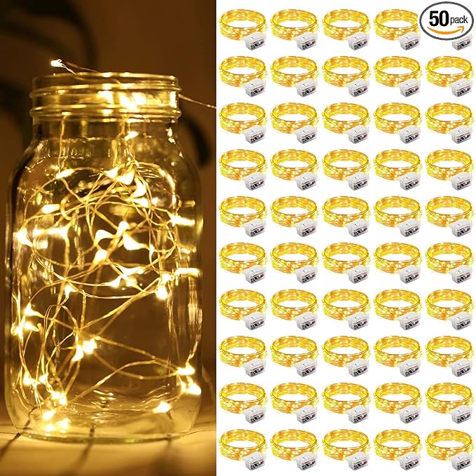 ZGWJ 50 Pack Fairy Lights Battery Operated, 7ft 20 Mini LED Fairy String Lights Silver Wire 3 Modes for DIY, Parties, Wedding, Bedroom, Halloween Christmas Decoration Warm White