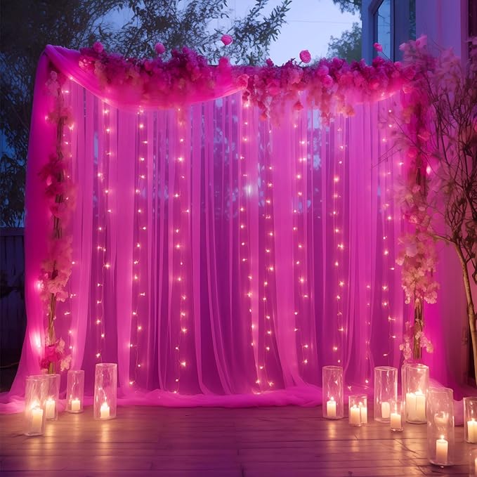 20×10ft Hot Pink Tulle Backdrop Curtain with Lights String for Parties, Sheer Photo Backdrop Curtains for Wedding Party Photography Background