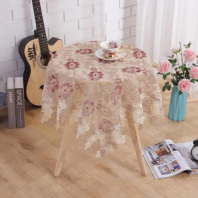 Round Embroidered Lace Tablecloth Vintage Decorative Exquisite Border Table Cover for Party Wedding Home Decorations, Round-70 inch, Red