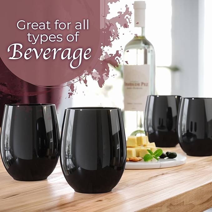 Stemless Wine Glasses, 24 Pack Black Disposable Plastic 12 oz Party Set