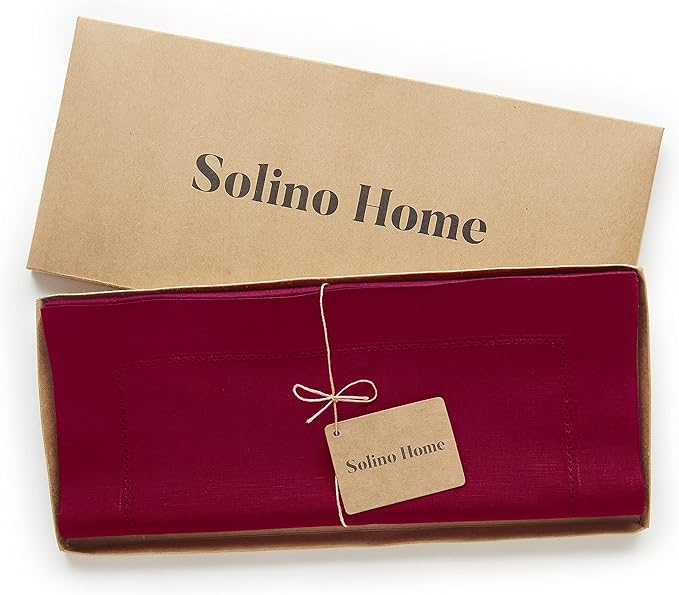 Solino Home Cotton Linen Red Table Runner 90 Inches Long - Hemstitch 14 x 90 Inch Table Runner for Fall, Autumn, Halloween, Christmas, Holiday