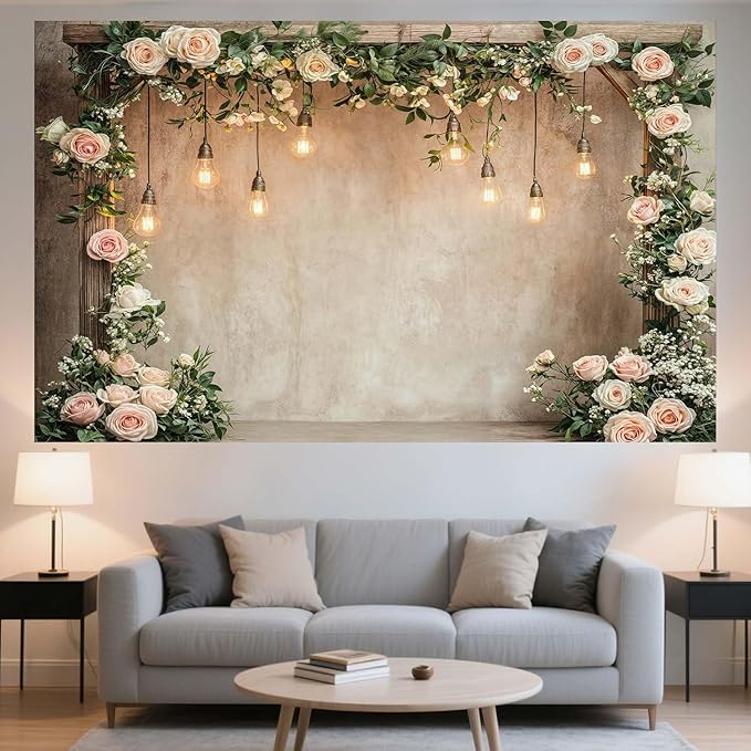 10x10ft Country Wedding Photography Backdrop Floral Rustic Roses Farmhouse Wooden Door Backdrop Pink Flower Birthday Baby Shower Wedding Bridal Party Banner Photo Booth Props Anniversary Background