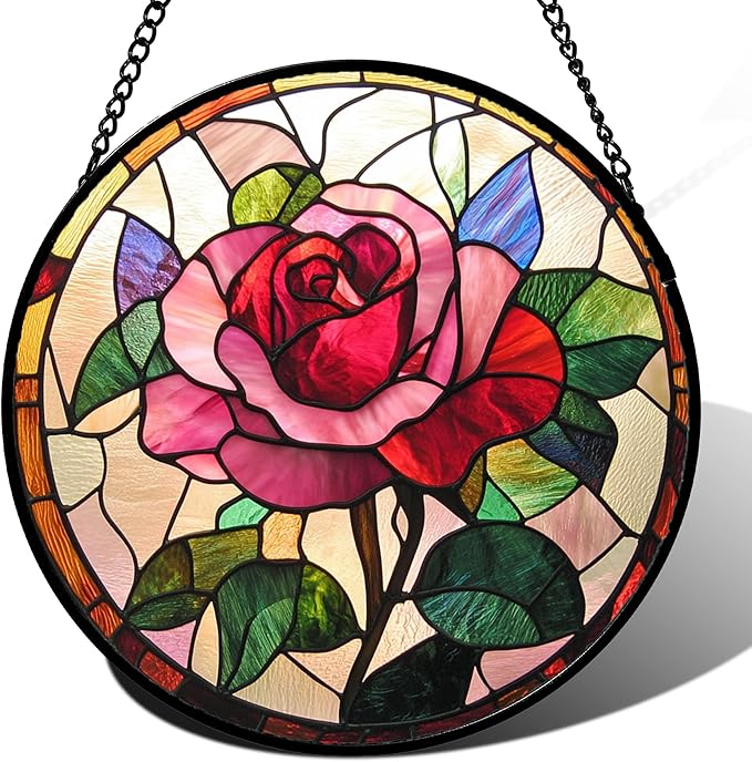 Stained Glass Window Hanging - Pink Rose Suncatcher for Door Garden Home Decor Birth Flower Sun Catcher Christmas Birthday for Friend Lovers Women Mom Nana 11.8 in