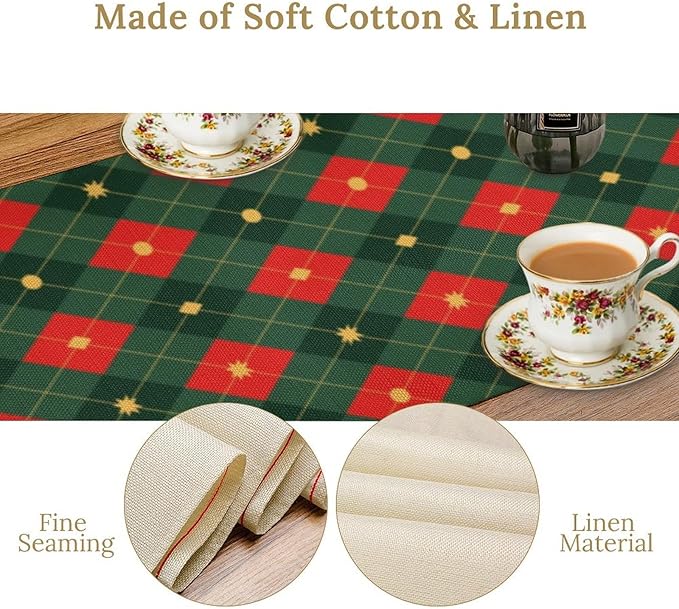 Christmas Table Runner,Green Red Xmas Plaid Table Cloth Kitchen Dining Table Decoration for Home Party Decor 13x90 Inch