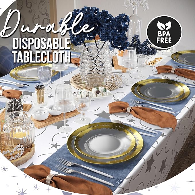 Exquisite Silver Star Tablecloth Plastic 12-Pack Disposable Rectangle Tablecloths 54" x 108" Silver Star Table Cloths Rectangle Table Covers Plastic Tablecloth for Party Decorations