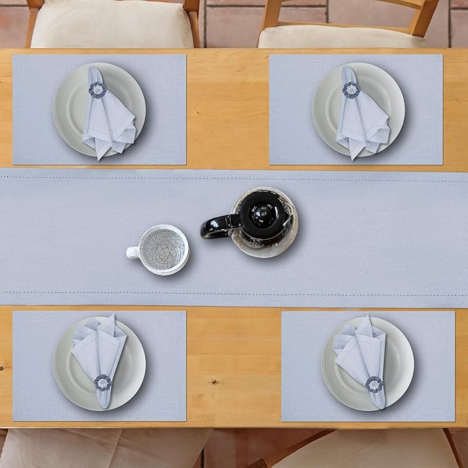 Ruvanti Linen Table Runner 120 Inches, Classic Hemstitch, Washable, Reusable, Non-Slipping, Stain Resistant- Perfect for Parties, Weddings, Dinners, Thanksgiving, Christmas, Indoor use – Arctic Ice