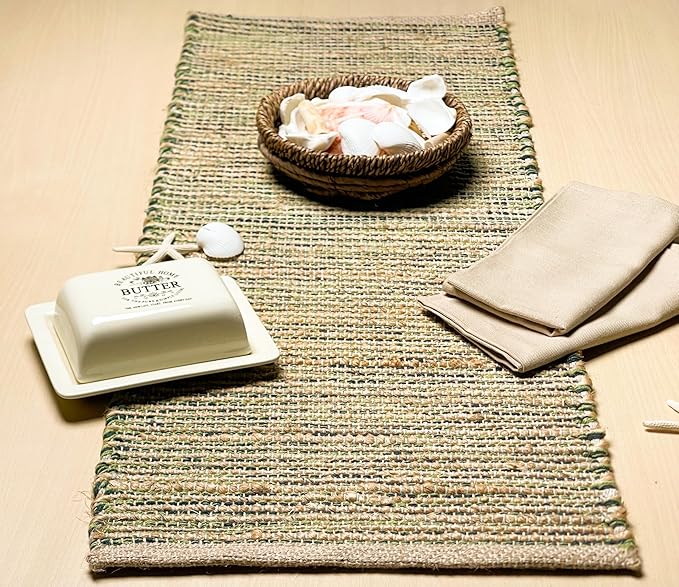 Chardin home Natural Jute Table Runner 13x36 Inch – Vintage Boho Rustic Table Decor – Handwoven Table Runner in Natural Jute and Green – Farmhouse Dining or Console Table Accent