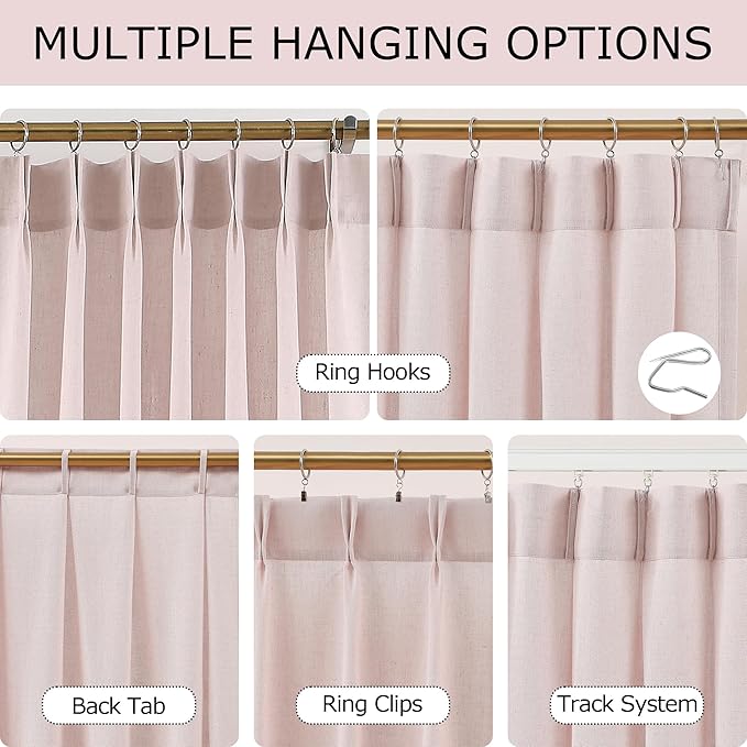 Vision Home Light Pink Pinch Pleated Semi Sheer Curtains Textured Linen Blended Light Filtering Window Curtains 112 inch for Living Room Bedroom Patio Pinch Pleat Drapes with Hooks 1 Panel 60"Wx112"L