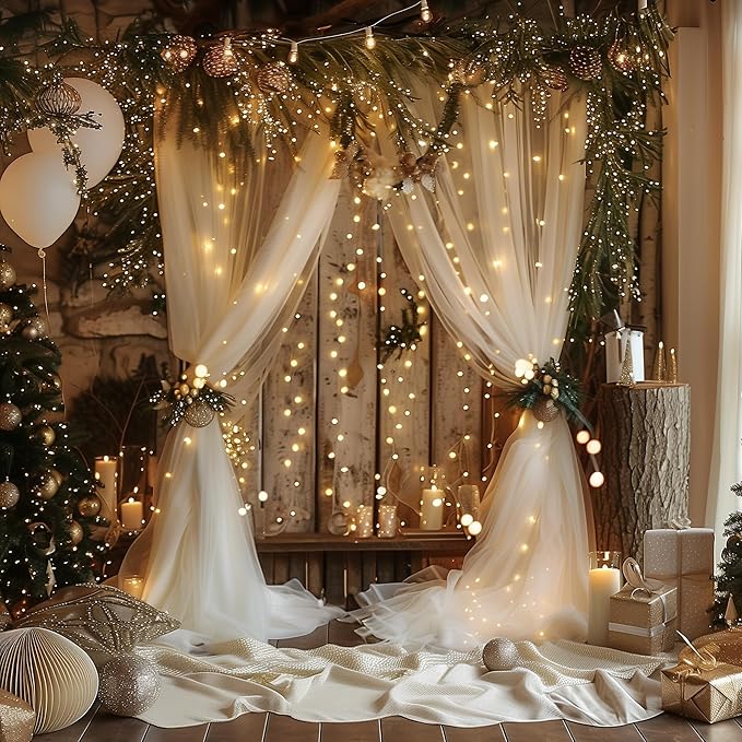 Fomcet Tulle Backdrop Curtains Champagne 30FT X 8FT Tulle Curtains with Lights String Sheer Backdrop Curtain for Parties Wedding Baby Shower Photo Shoot Decorations (6 Panels 5 x 8FT)