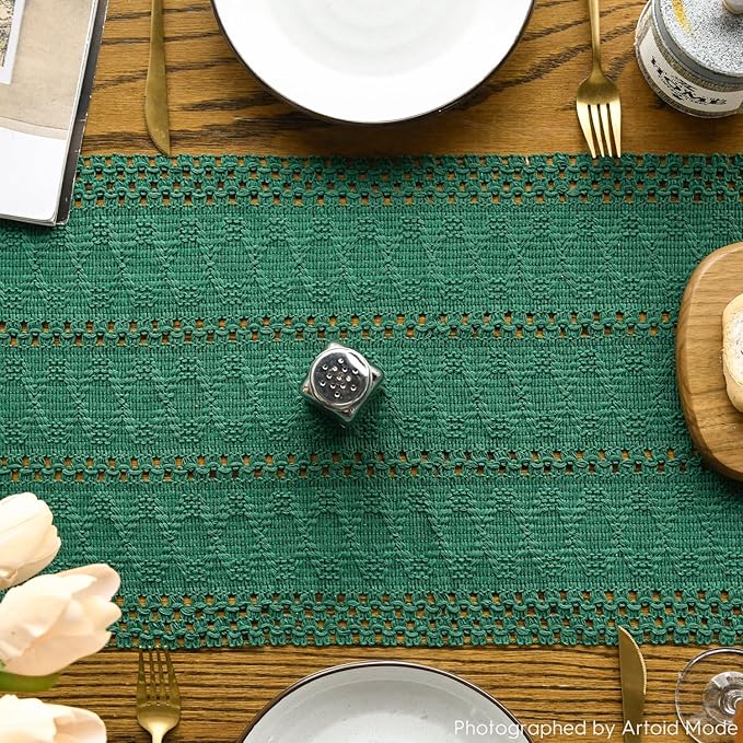Artoid Mode Dark Green Farmhouse Woven Rustic Hollow Table Runner, Seasonal Holiday Kitchen Dining Table Decoration for Home Party Decor 12x36 Inch