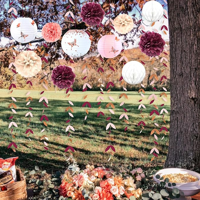 Banner Kit: 40 Pieces in Burgundy and Rose Gold with Paper Lanterns