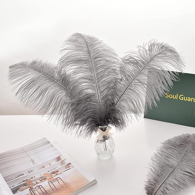 Ballinger Natural Gray Ostrich Feathers - 24pcs 12-14inch Big Feathers for Wedding Party Centerpieces Home Decor