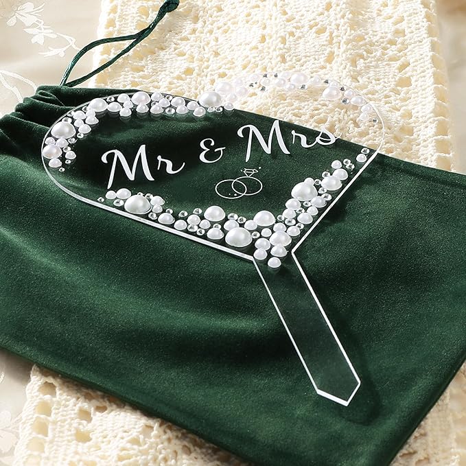 Acrylic Heart Mr & Mrs Cake Topper, Rhinestone and Faux Pearl Accents