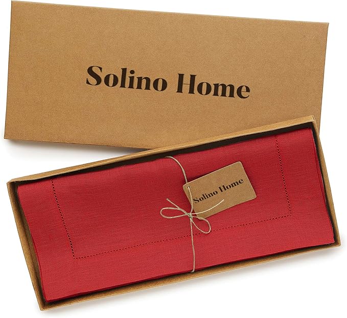 Solino Home Linen Red Table Runner 48 Inches - Classic Hemstitch, 100% Pure Linen Coffee Table Runner 14 x 48 Inch Ideal for Dresser Tables - Christmas, Holiday