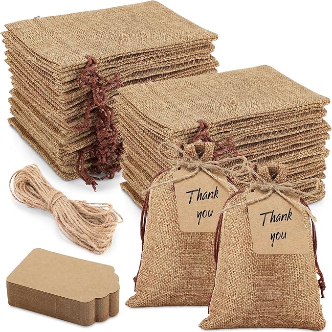 Gift Bags, 100 Dark Brown Burlap Drawstring Bags with Kraft Tags