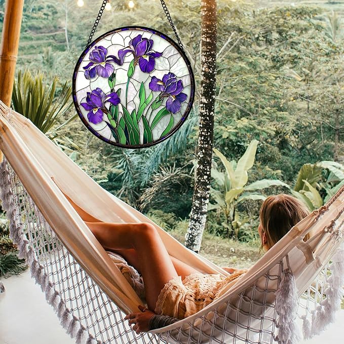 Stained Glass Window Hanging - Purple Iris Flower Sun Catcher for Door Terrace Garden Home Decor, Green Plants Suncatcher Birthday Gifts for Lovers Women Men Dad Mom Nana 11.8 in