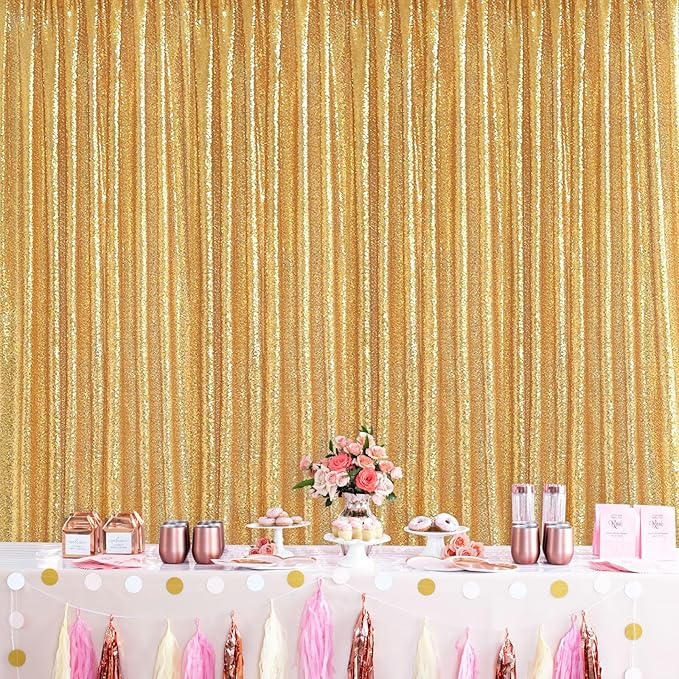 Gold Backdrop Curtain for Parties - 3 Pieces Glitter Sequin Background Backdrops 2x8ft Birthday Baby Shower Decorations