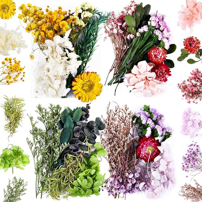 Nuanchu 4 Bags Natural Dried Flowers Leaves Set, Mixed Dried Hydrangeas, Daisies, Natural Flowers Colorful Real Dry Flowers for DIY Candle Resin Jewelry Crafts Pendant Floral Decoration Supplies