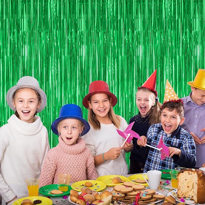 4 Pack Green Streamers, 3.28 FT x 7.05 FT Birthday Tinsel Backdrop, Metallic Green Foil Fringe Curtains Photo Booth Backdrop, Green Jungle Theme Decorations Birthday Decor