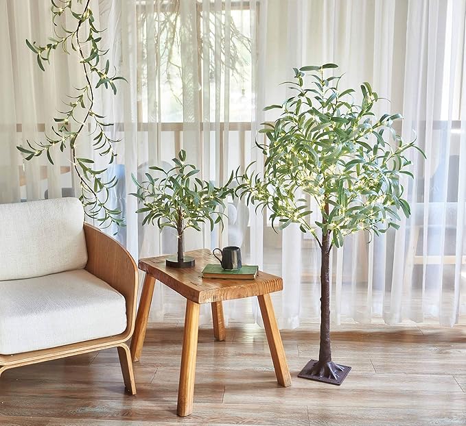LITBLOOM Lighted Olive Branches 24IN 72 LED with Timer Battery Operated Lit Artificial Greenery for Wedding Party Spring Home Decoration Indoor Outdoor