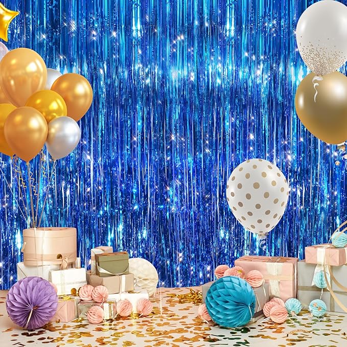 2Pack Blue Tinsel Backdrop Streamers, GCB Party Streamers Backdrop Foil Fringe Curtains for Wedding Birthdays Bachelorette Bridal Baby Shower, Graduation, Engagement Decors, Gender Reveal, Disco Party