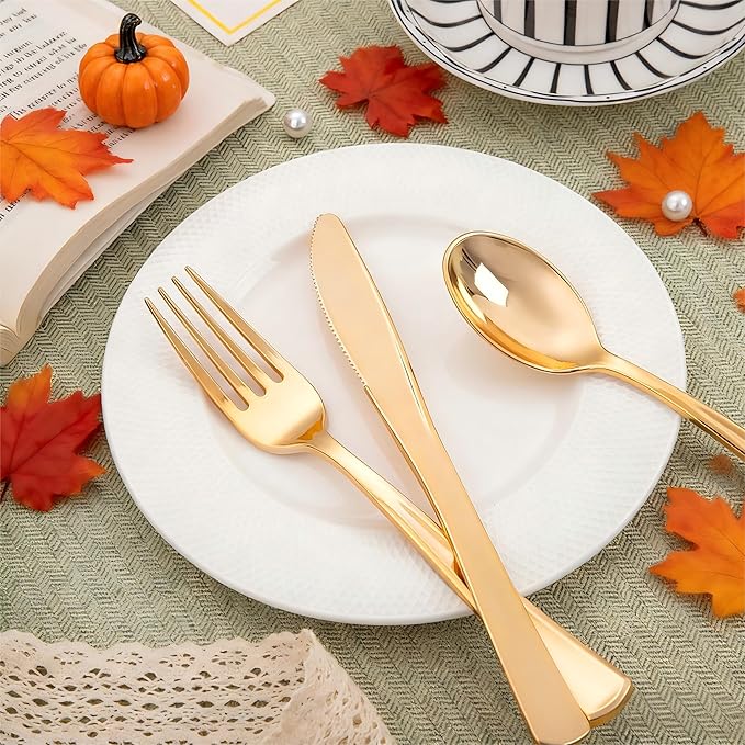Spoons, Gold Plastic Disposable Cutlery Set with Napkins, 400 Pieces