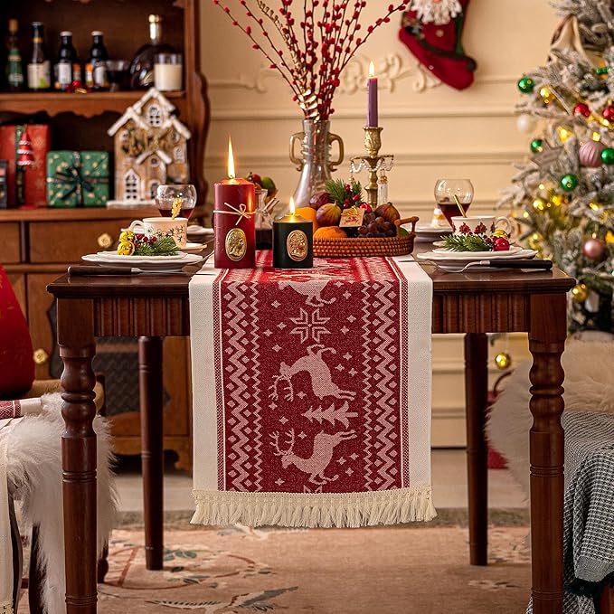 Table Runners 95 Inches,Elk Table Runner with Tassel Fringe,Christmas Table Runner for Party，Coffee Table, Festival