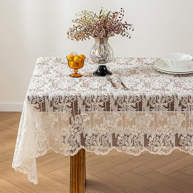Lace Embroidered Tablecloth. Square Lace Vintage Tablecloth Dustproof Table Protector for Kitchen Dining Room Party Banquet Home Picnic Wedding Decoration (Creamy White 53×53 inch)