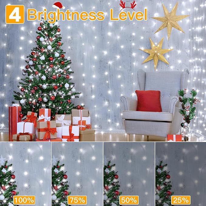 Ollny Curtain Lights 6.6x6.6ft, 200 LED White String Lights with Remote 8 Modes Dimmable Timer, USB Power Fairy Light for Bedroom Backdrop Indoor Wall Window Wedding Decor