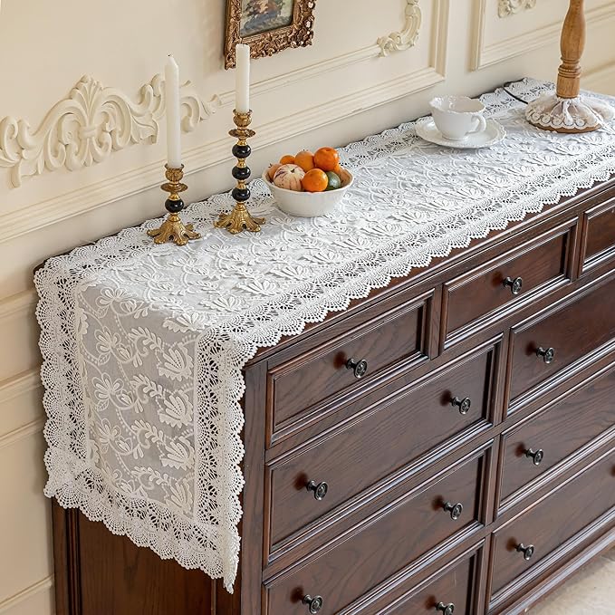 White Elegant Vintage Lace Table Runner,Wedding Lace Decor with Floral Embroidery,Tea Party Decor (White, 13.8X71 Inches)