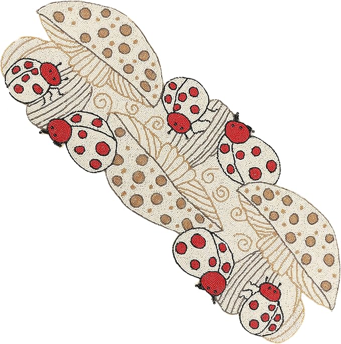 Beaded Table Runner Decorative Glitz Table Runner - 13x36” Handcrafted Runner for Winter Holiday, Kitchen, Dining Table, Spring Décor, Dining Table, Coffee Table or Entryway (Red Ivory) - CLEENTABLE
