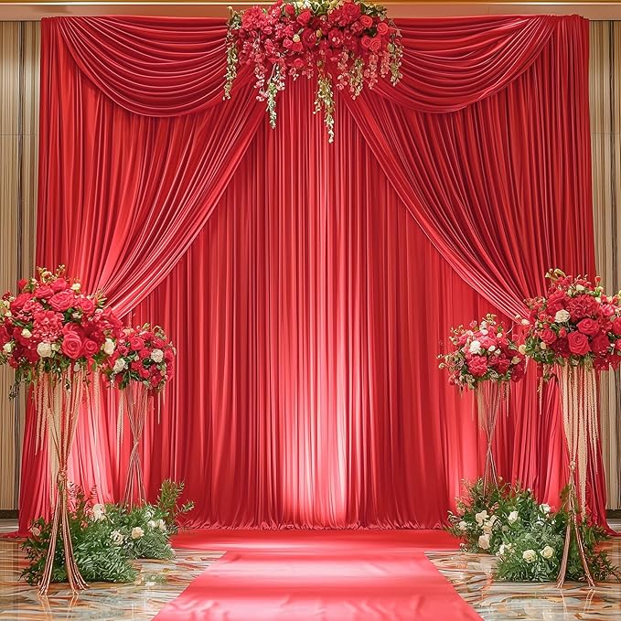 50ftx14FT Wrinkle Free Red Backdrop Curtain, 10 Panels 14FT Height Red Wedding Backdrop Drapes, Silky Polyester Back Drop Cloth for Birthday Photography Background Party Backdrop Draping