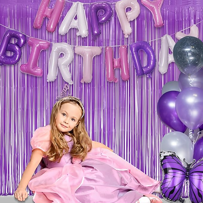 Purple Tinsel Fringe Party Backdrop - GREATRIL Party Streamers for Lavender/Mermaid/Butterfly/Fairy Birthdays Party Decorations - 3.2ft X 8.2ft - 2 Packs