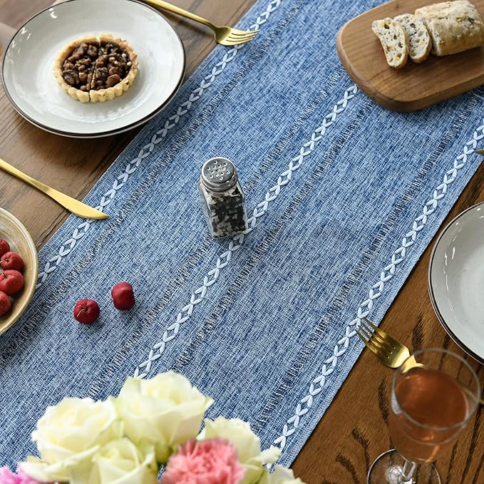 Artoid Mode Blue Rustic Cotton Linen Table Runner, Seasonal Embroidered Hollow Kitchen Dining Table Decoration for Home Party Decor 13x90 Inch