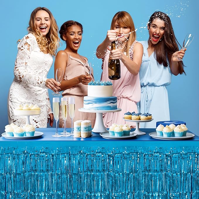4 Pack Lake Blue Table Skirts, 29x108" Metallic Foil Tinsel Fringe Table Skirts for Rectangle Tables Streamer Curtains Backdrop, Party Decorations for Birthdays Weddings Holidays