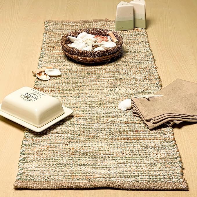 Chardin home Natural Jute Table Runner 13x48 Inch – Vintage Boho Rustic Table Decor – Handwoven Table Runner in Natural Jute and Sage Green-White – Farmhouse Dining or Console Table Accent