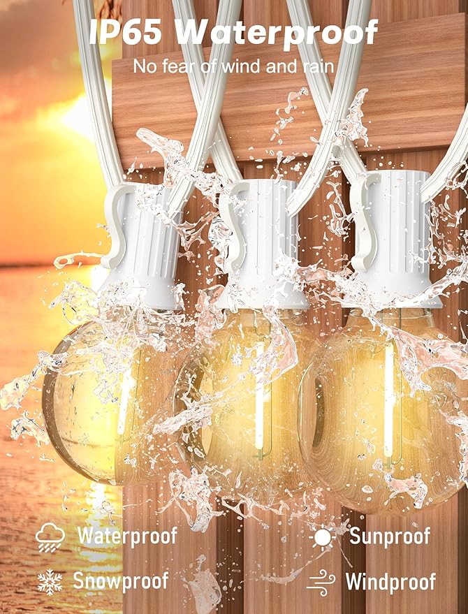 String Lights with 50 Warm White G40 LED Bulbs, Dimmable Outdoor