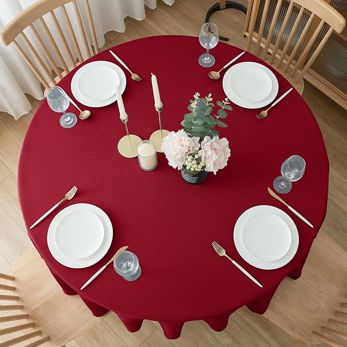 Biscaynebay Textured Fabric Round Christmas Table Cloths 108", Red Water Resistant Folding Table Covers for Dining, Kitchen, Wedding and Parties etc. Machine Washable