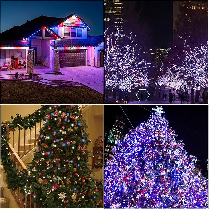 LAMPHOME 66ft Patriotic String Lights - Red White Blue Mini Lights, 200 LED Transparent Wire Fairy Starry String Lights Plug in, 11 Lighting Modes for Outdoor Tree Party Decoration (Red White Blue)