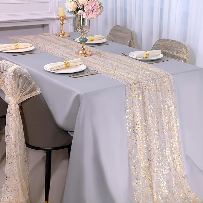 Snowkingdom 10 Pack 10ft Gold Table Runners, Sheer Chiffon Tulle Cheesecloth Sequin Glitter Metallic, Golden Centerpieces Table Decorations for Party Wedding Christmas Birthday Bridal Baby Shower