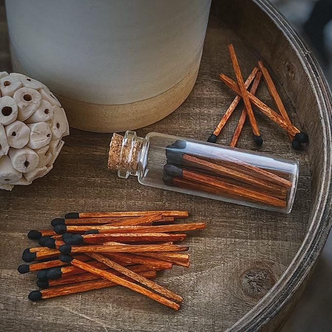 2" Matches in 6 Glass Bottles Cork Top, Striker Stickers Included | 120 Matchsticks Color of Your Choice | Decorative Safety Matches w/Small Glass Holder | Gifts & Home Decor by Thankful Greetings