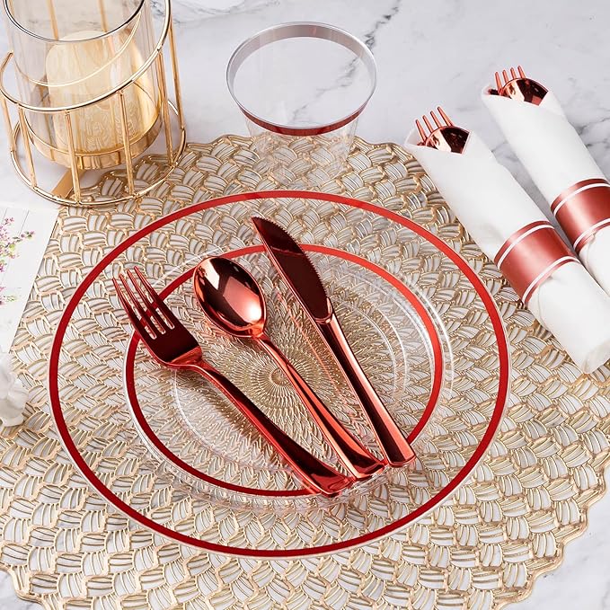Plates Set for 50 Guests, Red Rim Plastic with Dinner and Salad Plates
