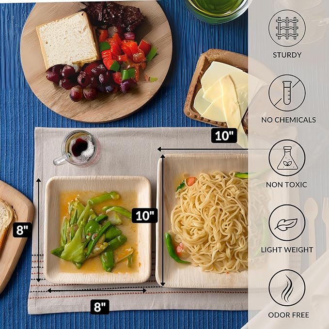 Luxe Designs Palm Leaf Plates - Eco-Friendly Alternative to Bamboo & Plastic - Heavy-Duty Compostable & Biodegradable Party Plates - Microwave & Oven Safe Dinnerware - 50 10"x25 & 8"x25 with Utensils