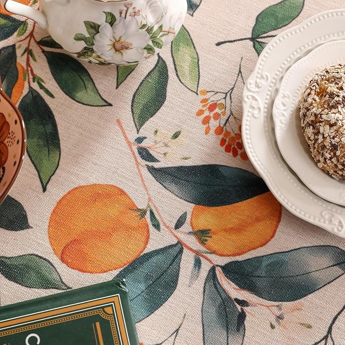 patdrea Designer Vintage Linen Rectangle Table Cloth,Framhouse Oranges and Leaves Pattern French Tablecloth,Fall Decor Cover for Kitchen Dining Christmas,Thanksgiving,63"x87"-Palladin a