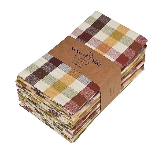 Harvest Check Cloth Napkins, 20x20 Square Cotton Dinner Napkins